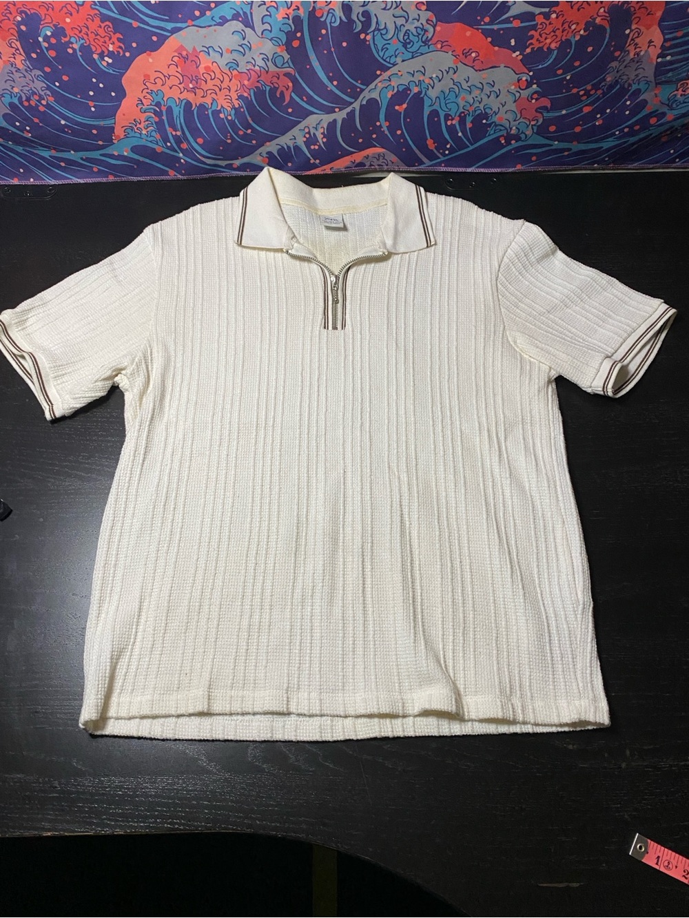Zara Cream Short-Sleeve Knit Polo with Zip Collar and Contrast Trim